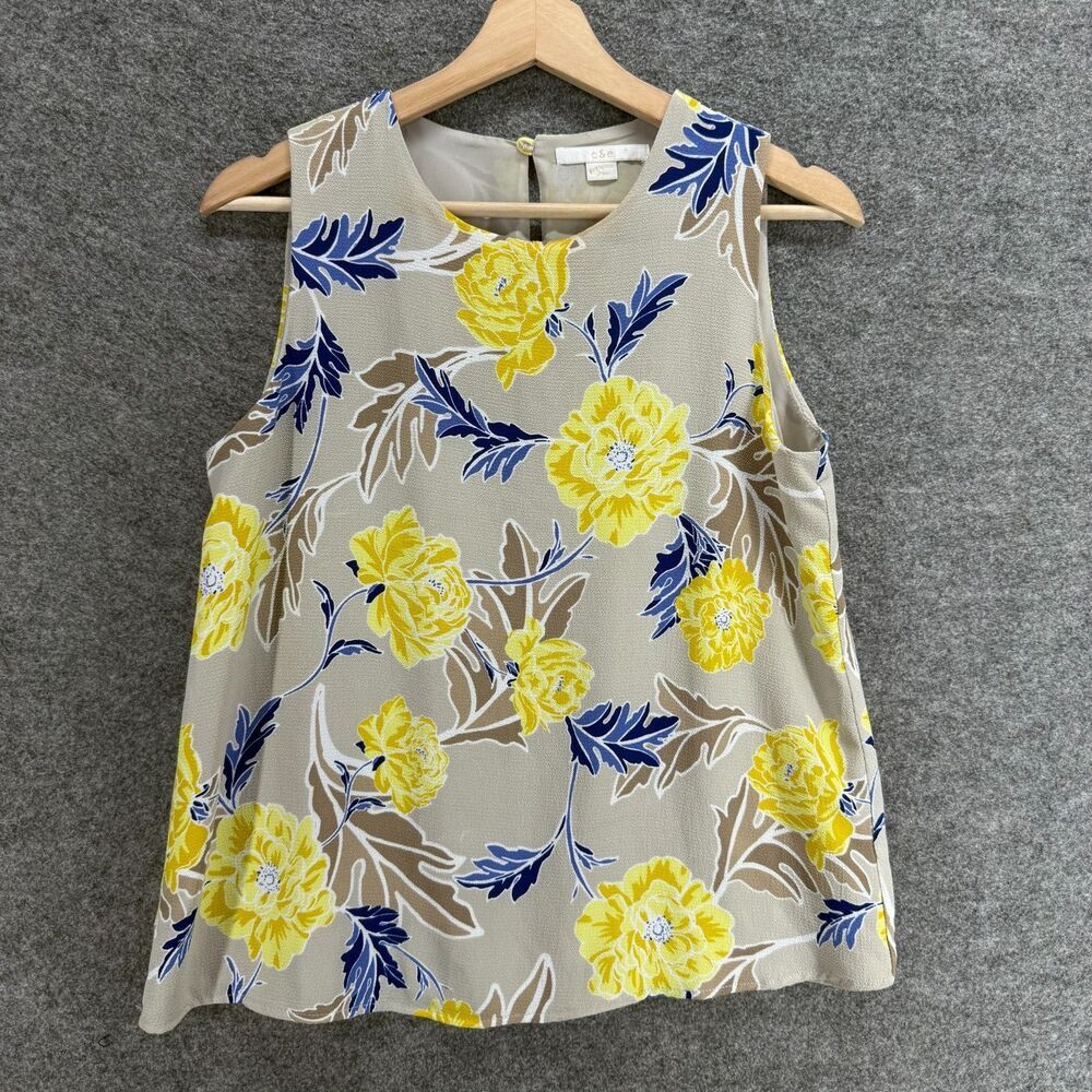C&E Blouse Women M Medium Gray Floral Sleeveless Wide Strap Lined Hook & Eye